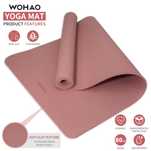 Extra Wide & Thick 8mm Yoga Mat, 72"x31.5" | Large Non Slip Exercise Mat, Premium POE Material, Superior Cushioning & Stability, With Strap for Home Gym, Pilates - color: Dull Pink