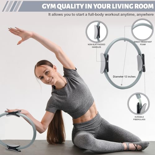 RoundFunny Pilates Ring Circle Set 18 Pcs Exercise Equipment Accessories for Women Workouts Pilates Ball Stretching Strap Magic Circle Yoga Ring Gym Back Bag Resistance Band Anti Slip Socks - color: Grey
