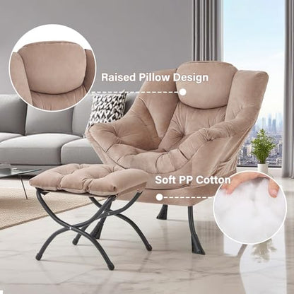 Tiita Lazy Chair with Ottoman, Comfy Reading Accent Chair, Velvet Khaki - color: Khaki
