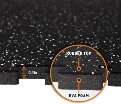 1/2" Thick 48 Sq Ft Rubber Top Gym Flooring, 12 Pcs High Density EVA Foam Exercise Equipment Mats - Interlocking Floor Tiles for Home Gym - 24 x 24in Tile, Black