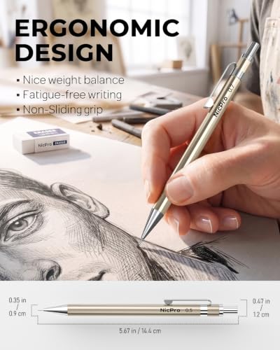 29PCS Metal Mechanical Pencil Set, Professional Drawing Kit in Leather Case | Mechanical Pencil Pack: 0.3 0.5 0.7 0.9 2mm Pencil Holder, (6B 4B 2B HB 2H 4H) Lead, Erasers, for Art Drafting Sketching - color: Gold, size: 1 Count (Pack of 5)