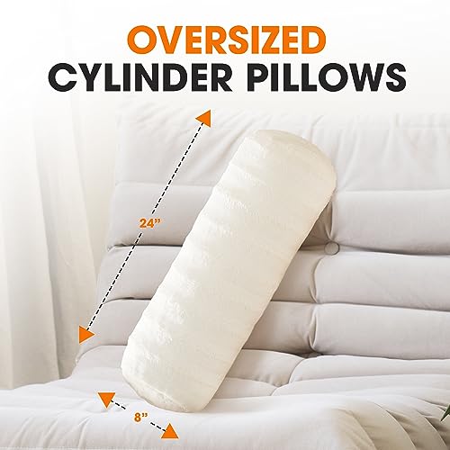 Cheer Collection Faux Fur Bolster Pillows – Soft Decorative Cylinder Pillows for Bed or Couch, Machine Washable – 8” x 24”, Set of 2, White - color: White