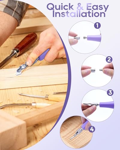 UCEC 5+1+1+6 Pack Linocut Wood Carving Tools Set Linoleum Experts & Beginners 6 Blades Universal Size Purple with 4‘’ Brayer Roller