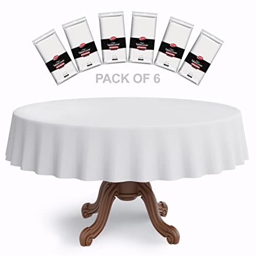 Neatiffy 84 Inch 6 Pack Round Plastic Table Cloth | Tablecloths for Picnic, Party, Banquet, Birthdays | Waterproof Disposable/Reusable Table Cover - White Round - color: Round_white