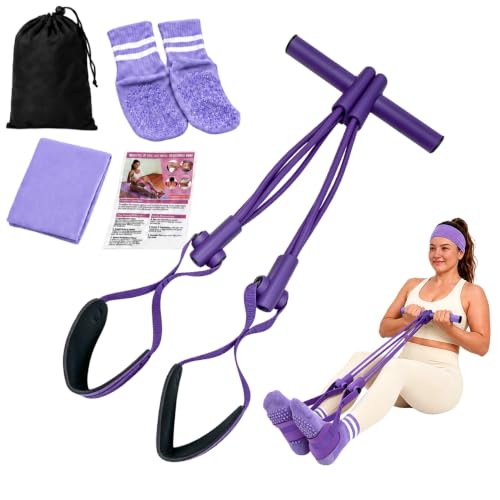 Pedal Resistance Band, Stitched Anti-Snap Elastic Pull Rope Fitness Equipment, 3-in-1 Home Workout Exercise Bands Set with Pilates Grip Socks & Headband - color: Purple, size: 95LB
