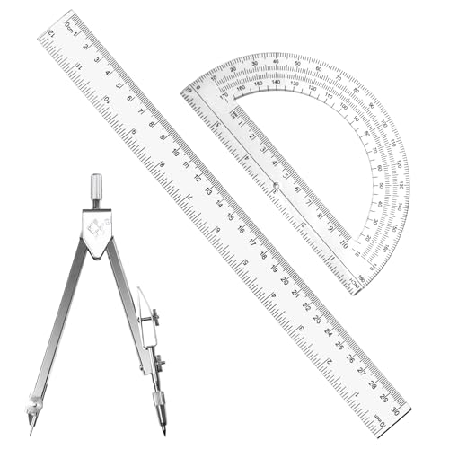 3 Packs Plastic 12 Inch Ruler,6 Inch Clear Protractor and Compasses Set Student Geometry Math Set for Classroom Set Angle Detector School Supplies Classroom Ruler Home Office Drawings
