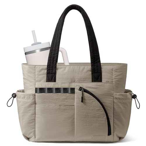 LOVEVOOK Women's Tote Handbags, Puffer Bag and Work Bags with Compartment for Women, Lightweight Quilted Nurse Shoulder Daily - color: Grey-khaki, size: 15.6Inch