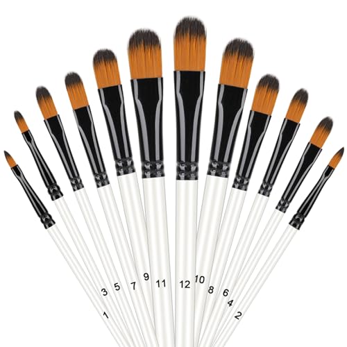 12 Pcs Filbert Paint Brush Set for Acrylic Painting, Flat Tip Watercolor Gouache Artist Brush Professional Painting Kits with Nylon Tips for Drawing Painting (Flat Tip)