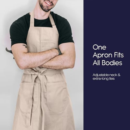 Unisex Apron with Pockets for Cooking, Salon & Art - 100% Cotton Adult Kitchen, Chef, Stylist Apron (Beige) - color: Beige
