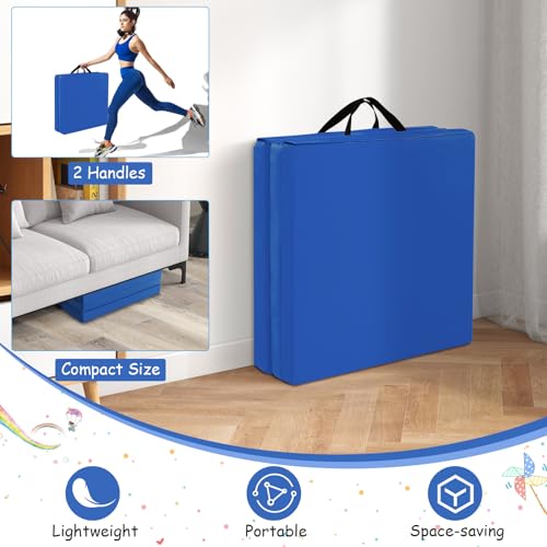 Giantex 6'x 2' Gymnastics Mat, 2" Thick Folding Tumbling Mat with Hook and Loop Fastener, Foldable Gym Mat with Carrying Handles, Cheer Mats for Kids Adults Home Exercise Aerobics Fitness - color: Dark Blue
