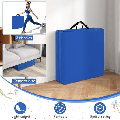 Giantex 6'x 2' Gymnastics Mat, 2" Thick Folding Tumbling Mat with Hook and Loop Fastener, Foldable Gym Mat with Carrying Handles, Cheer Mats for Kids Adults Home Exercise Aerobics Fitness - color: Dark Blue