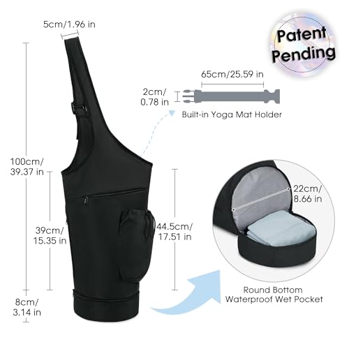 sportsnew Yoga Mat Bag, Large Opening Long Tote Yoga Mat Carrier Holder Bag with Waterproof Wet Pocket and Drawstring Water Bottle Pocket, Adjustable Shoulder Strap Storage Bag, patent pending - color: Black