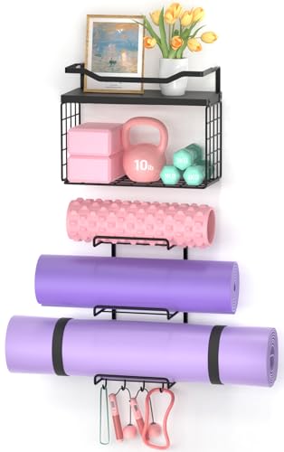 Yoga Mat Holder Black, Wall Mount Yoga Mat Storage Rack, Yoga Accessory Organizer With Wood Floating Shelves, 4 Hooks Hanging Yoga Strap & Resistance Bands, Home Gym Equipment Storage Decor - color: Full Black
