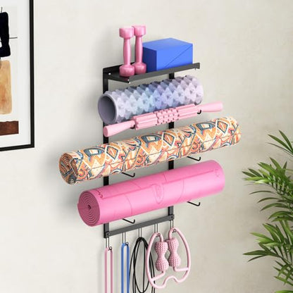 Yoga Mat Holder Wall Mount, 4-Tier Yoga Mat Holder with Shelf