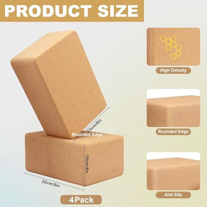 4 Pack Cork Yoga Blocks, Non-Slip High-Density Yoga Bricks, 9 x 6 x 4 in | Natural Fitness Props for Pilates, Stretching, Balance Training, Deep Poses, Gym, Studio and Home Workouts