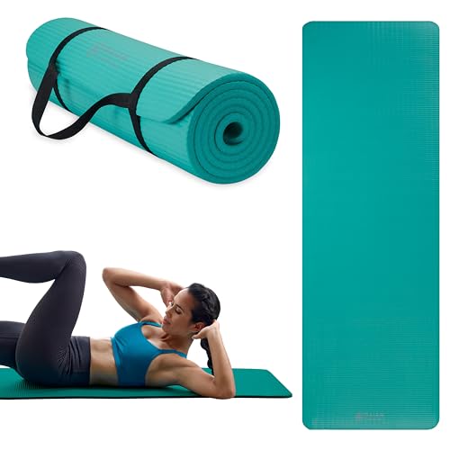 Gaiam Thick Yoga Mat, Exercise & Fitness Mat with Easy-Cinch Carrying Strap | Non-Slip NBR Foam | Joint Cushioning | Yoga, Pilates, Fitness & Floor Workouts | 72"L x 24"W - color: Teal, size: 2/5" (10MM)