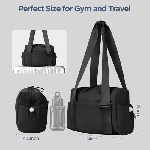 Mini Gym Bag for Women Girls Small Gym Tote Bag with Wet Compartment Waterproof Travel Duffle Bag Cute Workout Sport Bag - color: Black-12in