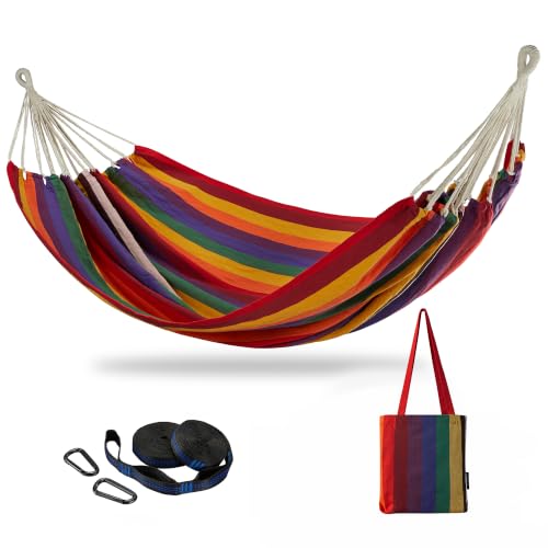 Brazilian Double Hammock with Tree Straps, King Size, 500 lbs Capacity | Soft Woven Cotton Fabric, 102 × 71 in , 2-Person Hammock with Carry Bag for Backyard, Patio, Outdoor, Blue Green Stripe - color: Blue Green Stripe, size: XX-Large