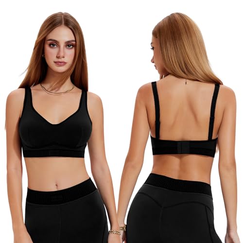 Sports Bra High Impact V Neck for Women, Adjustable Scalloped Straps Color Block U-Back Push Up Yoga Workout Gym Bra - color: Black, size: Small