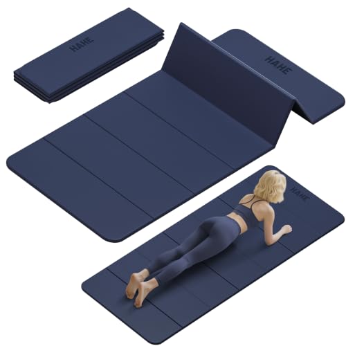 HAHE Foldable Yoga Mat 74"Lx32"Wx1/3"Thick, Folding Exercise Mats - color: Navy Blue