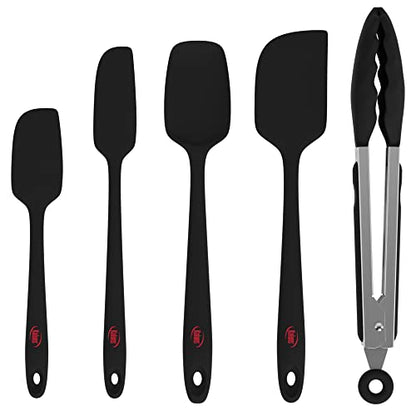 Kaluns Silicone Spatula Set, 4 Rubber Spatulas 600°F Heat Resistant, Nonstick Seamless Design with Stainless Steel Core, Dishwasher Safe, BPA free, Bonus Tongs Included - color: 4 Pcs + Tongs Black