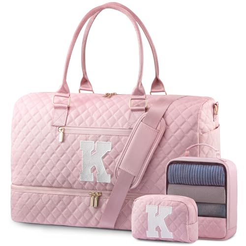 LOVEVOOK Travel Duffle Bag for Women, Weekender Overnight Bag with Shoe Compartment, Carry on Bag with Toiletry Bag, Gym Duffel Bag with Wet Pocket, Hospital Bags for Labor and Delivery 3 Pcs Set - color: Pink-K, size: Large