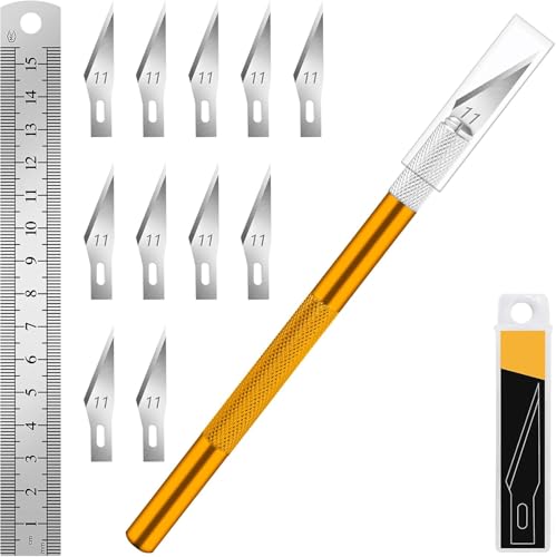 DIYSELF Exacto Craft Knife Set with 10 Extra #11 Blades, 6-Inch Metal Ruler | Craft Razor Knife with Ruler for Polymer Clay, Paper, Vinyl & Models, Exacto Knife for Crafting, Artists & Hobbyists, Gold - color: Gold