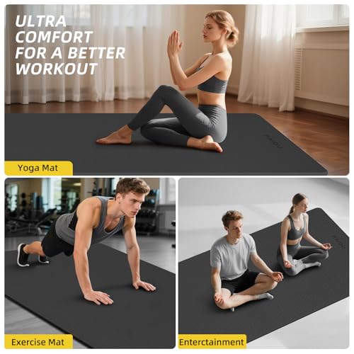 PAIDU Extra Long Wide Yoga Mat, （10mm） Thick Non-Slip Exercise Mat 76"x33" | large mat, ideal for yoga, Pilates & home gym, with non-slip grip & cushioning for all exercises. - color: Black