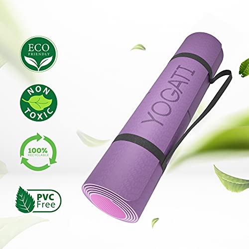 YOGATI® Yoga Mat with Strap with Alignment Lines. Home Workout Mat for Women, Men and Kids. Thick Non Slip Yoga Mat for Pilates and Fitness. Brown, Pink and Purple Yoga Mats - color: Purple