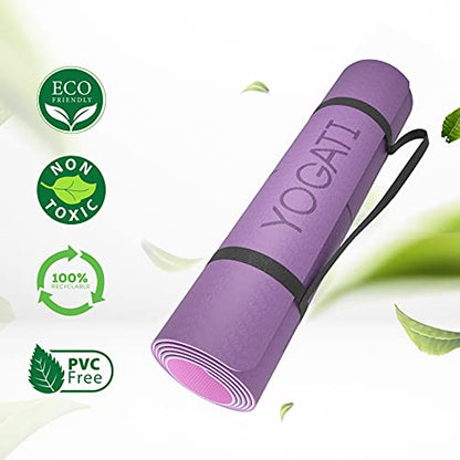 YOGATI® Yoga Mat with Strap with Alignment Lines. Home Workout Mat for Women, Men and Kids. Thick Non Slip Yoga Mat for Pilates and Fitness. Brown, Pink and Purple Yoga Mats - color: Purple
