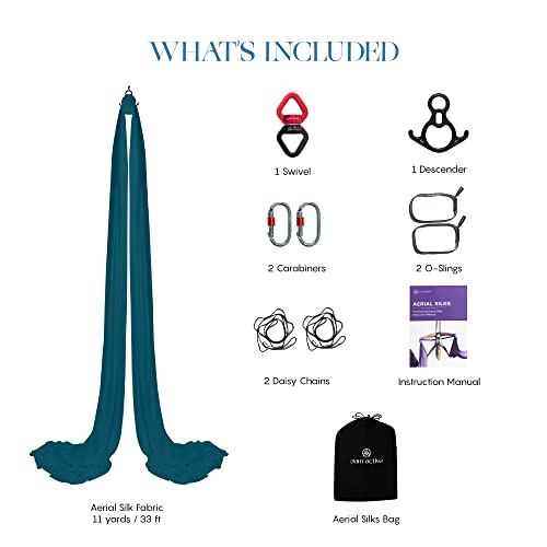 Aerial Silks Yoga Hammock Kit, 11 Yards, Hardware and Swivel | Knitted fabric with swivel and guide, portable carry bag included, for aerial yoga, gymnastics and home gym practice - color: Teal