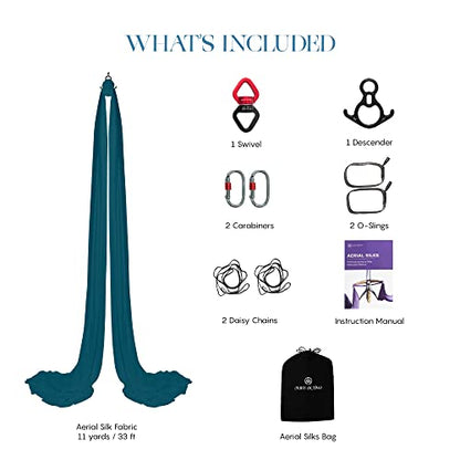 Aerial Silks Yoga Hammock Kit, 11 Yards, Hardware and Swivel - color: Teal