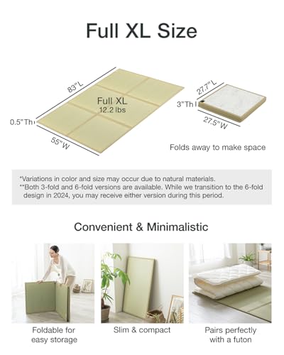 FULI Japanese Tatami Mattress, Foldable Igusa Rush Grass, Natural, Full XL | Tatami Rug, Japanese Floor Mattress Mat, Made in Japan, 0.5 in thick, firm woven surface, tri-fold design - size: Full XL (83"L x 55"W x 0.5"Th), style: Foldable Mat