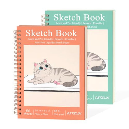 DSTELIN 2 Pack Mini Sketch Books, 7.5 x 5.1 Inch, Spiral Bound with Hard Cover, 50 Sheets per Pad,100gsm, Ideal for Sketching and Mixed Media Creations