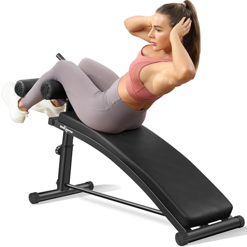 BODY RHYTHM Sit Up Bench with 4 Adjustable Heights and Reverse Crunch Handle, Curved Ab Workout Bench for Home Gym, Adjustable Weight Bench for Core Workouts and Decline Bench Press, Suitable for Individuals Up to 5.9ft Tall. - color: Black