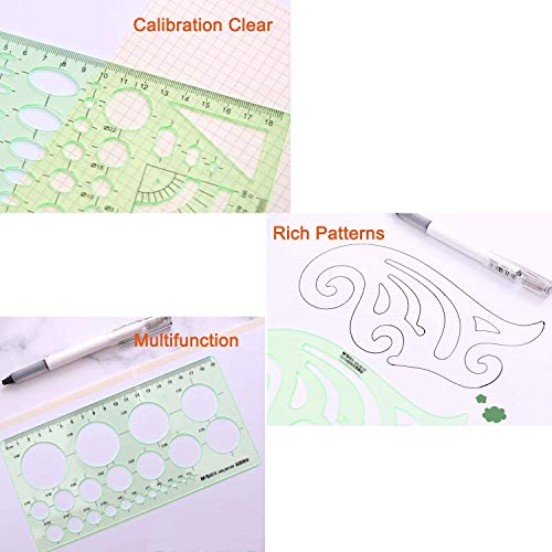 11 Piece Geometric Drawing Template Measuring Ruler, Transparent Green Plastic Ruler with Portable Plastic Bag for, for Studying, Designing and Building