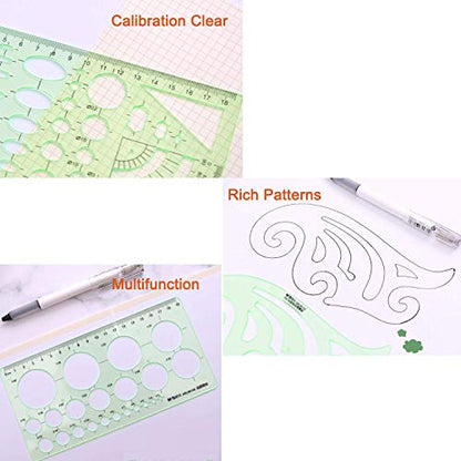 11 Piece Geometric Drawing Template Measuring Ruler, Transparent Green Plastic Ruler with Portable Plastic Bag for, for Studying, Designing and Building