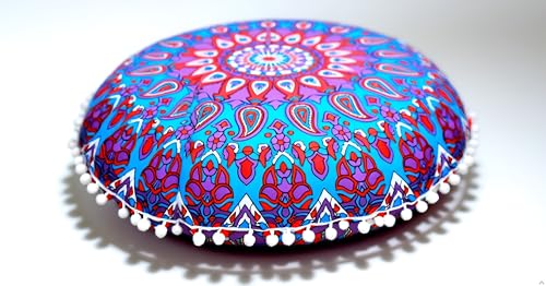 CRAFT KALA 22" Round Boho Floral Floor Pillow Cover, Purple, 22" Diameter, Cotton Fabric, Soft, Indoor Use, Washable - color: Purple Flower, size: 22"