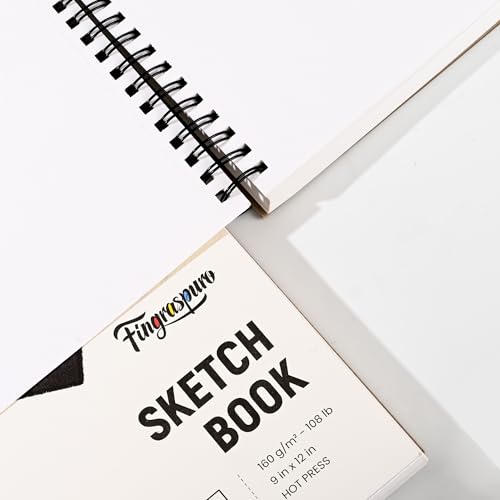 Fingraspuro 9x12 Top Spiral Sketchbook, 160 GSM, 100 Sheets, Hardcover | 108 lb acid-free hot press paper, micro-perforated sheets, for pencil, charcoal, gouache, wet and dry media
