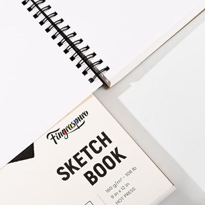 Fingraspuro 9x12 Top Spiral Sketchbook, 160 GSM, 100 Sheets, Hardcover | 108 lb acid-free hot press paper, micro-perforated sheets, for pencil, charcoal, gouache, wet and dry media