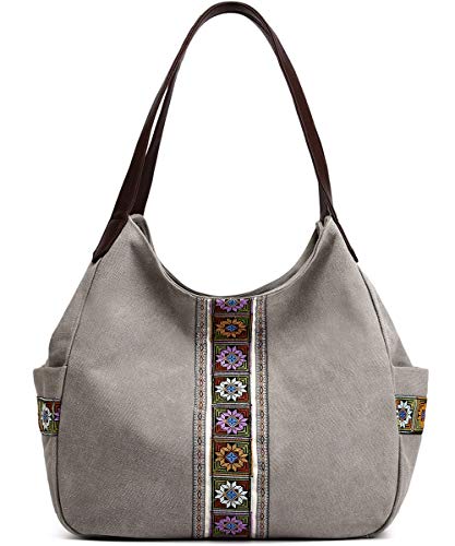 Worldlyda Women Canvas Hobo Purse Multi Pocket Tote Shopper Shoulder Bag Casual Top Handle handbag with Embroidery Ethnic - color: Light Grey