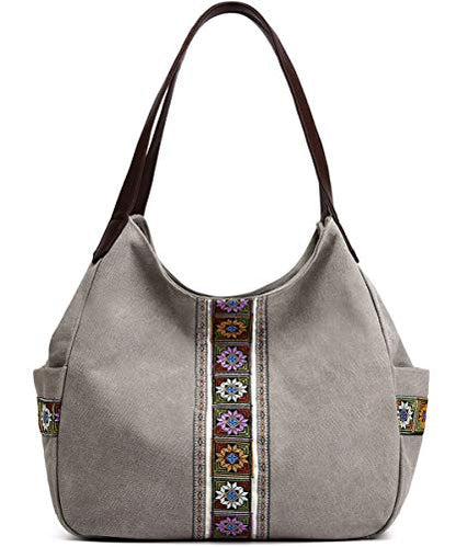 Worldlyda Women Canvas Hobo Purse Multi Pocket Tote Shopper Shoulder Bag Casual Top Handle handbag with Embroidery Ethnic - color: Light Grey