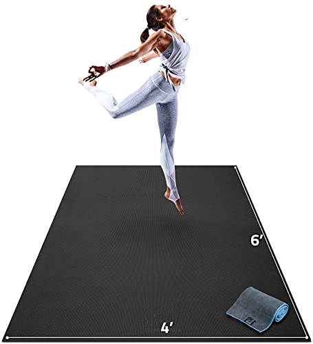 Gorilla Mats Large Yoga Mat – 6'x4', 7'x5' (8mm) Extra Thick & Wide Non-Slip Exercise Mat for Home Gym Flooring – Ultra Comfortable Workout Floor Mat for Barefoot Fitness, Anti Fatigue, Stretching - color: Onyx Black Mat with Gray Towel, 2 Storage Straps