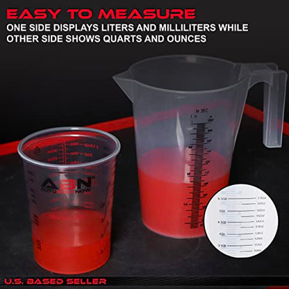 ABN 5 Piece Set of Graduated Paint Mixing Pitchers Quart and Gallon Sized Mixing Cups - 5000 ml, 3000 ml, 2000 ml, 1000 ml, 500 ml Plastic Mixing Cups for Paint, Resin, Epoxy and Home Kitchen and