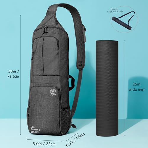 Yoga Mat Bag Carrier - Large Pockets & Water Bottle Holders. Yoga Backpack Fits 0.5" Thick x 26" Wide Mats. Hands-Free, Left-Right Switchable, Yoga, Gym, Cycling - color: Black