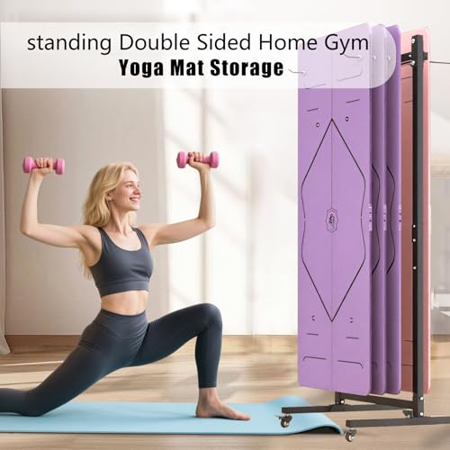 Yoga Mat Storage Rack on Wheels, Metal Yoga Mat Holder with Double Sided Hooks & Punching Tool, Rolling Organizer Cart for Home Gym, Exercise & Fitness Club