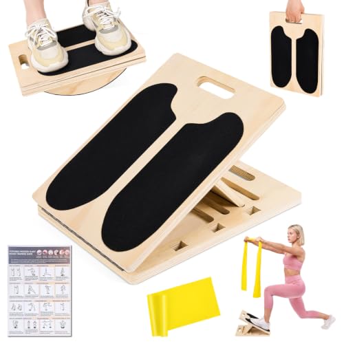 2-in-1 Slant Board & 180° Balance Board, Portable Adjustable Calf Stretch Board with Training Poster and Resistance Band, for Physical Therapy, Achilles Stretching