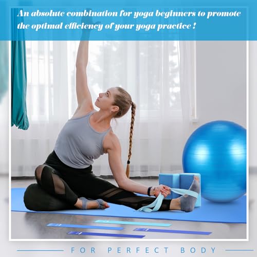 Liliful 10 Pcs Yoga Starter Kit Include 6mm Yoga Mat with Carry Strap, 2 Blocks, 65cm Pilates Ball, Stretch Strap, 5 Resistance Bands with Air Pump Home Workout Set for Beginners Women Men Gym - color: Blue