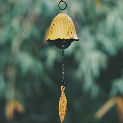 Japanese Traditional Lucky Small Wind Chimes for Outside, Iwachu Cast Iron Bless Temple Wind Bell Memorial and Sympathy Leaf Wind Chimes Indoor Garden Bell, Patio, Balcony (Yellow Leaf)