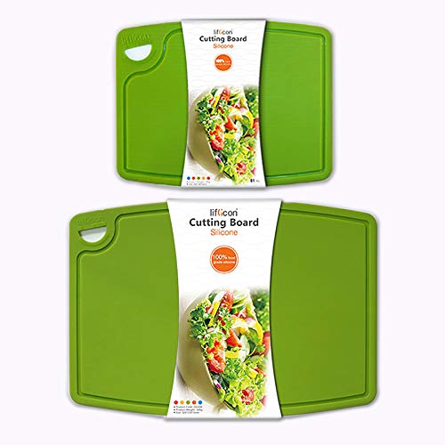 Liflicon Thick Cutting Boards for Kitchen Silicone Chopping Board Set of 2 Mid 12.6'' x 9.1”,Mini 9.1”x7.1” Non-slip Deep Drip Juice Groove Easy Grip Handle,Dishwasher Safe-Green - color: Green, size: S+M